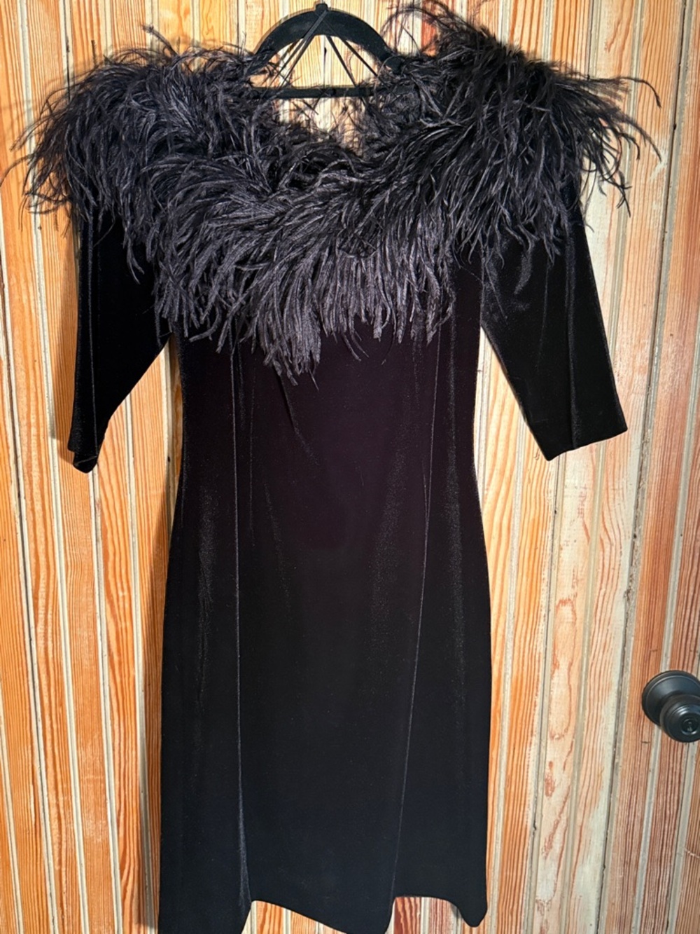 Teri Jon Black Velvet Midi Dress with Feather Trim